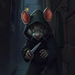 A rat assassin, dressed in dark, stealthy clothing, hiding in the shadows of a dimly lit alley