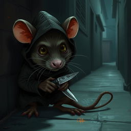 A rat assassin, dressed in dark, stealthy clothing, hiding in the shadows of a dimly lit alley