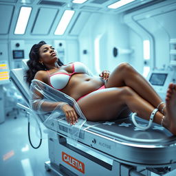 A voluptuous, light-skinned African woman, 48 years old, with a 40DD bust size, lying on a stretcher in a futuristic laboratory