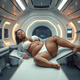 A voluptuous, light-skinned African woman, 48 years old, with a 40DD bust size, lying on a stretcher in a futuristic laboratory