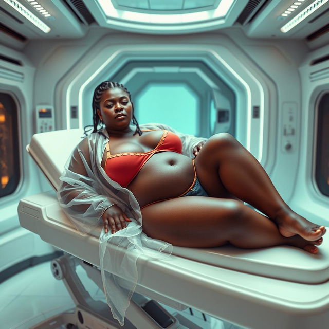 A voluptuous, light-skinned African woman, 48 years old, with a 40DD bust size, lying on a stretcher in a futuristic laboratory