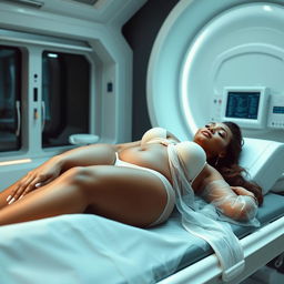 A voluptuous, light-skinned African woman, 48 years old, with a 40DD bust size, lying on a stretcher in a futuristic laboratory