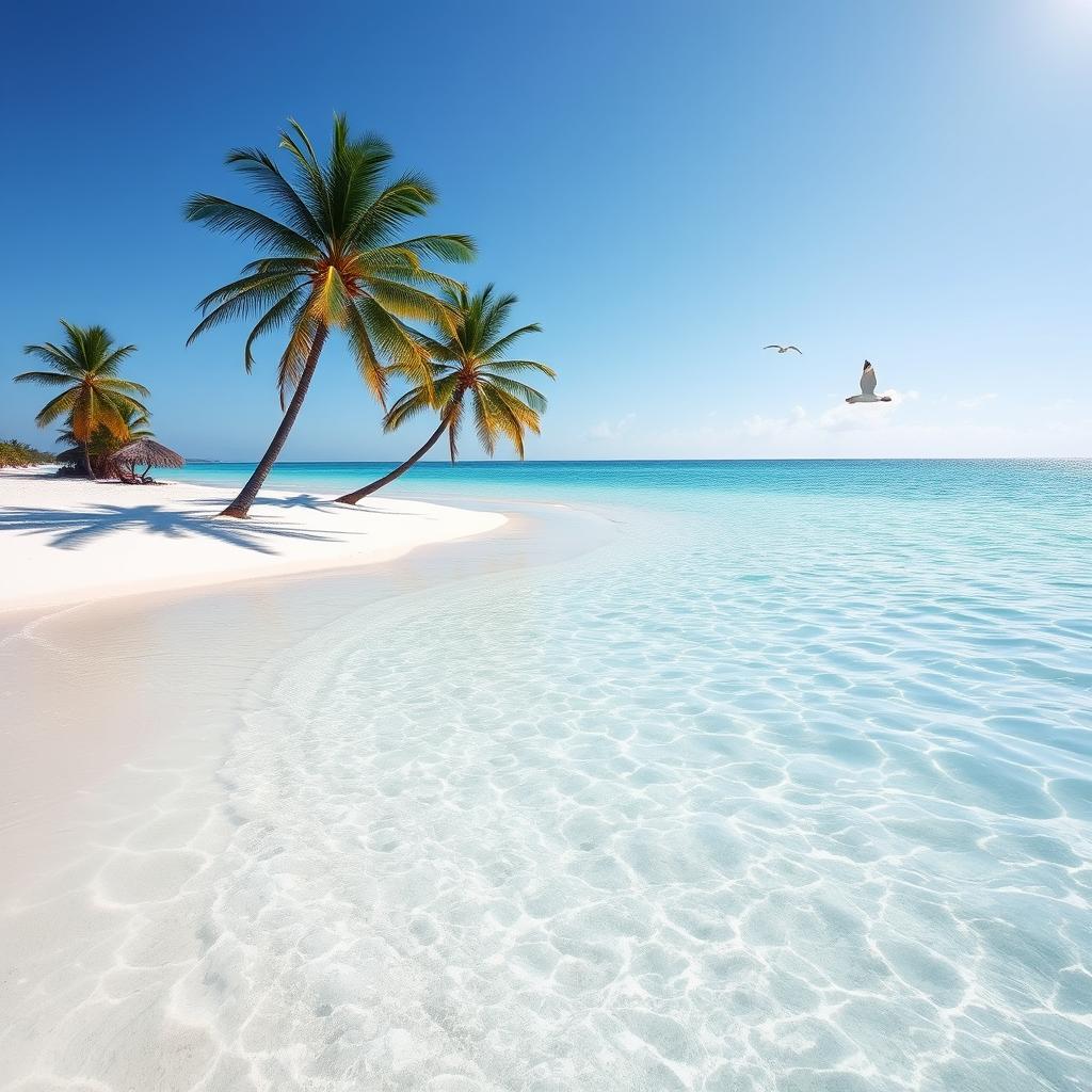 Create an image of a peaceful beach scene with clear blue water, soft white sand, and a bright sunny sky