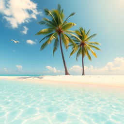 Create an image of a peaceful beach scene with clear blue water, soft white sand, and a bright sunny sky