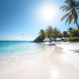 Create an image of a peaceful beach scene with clear blue water, soft white sand, and a bright sunny sky