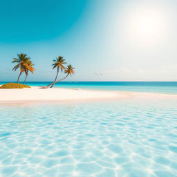 Create an image of a peaceful beach scene with clear blue water, soft white sand, and a bright sunny sky