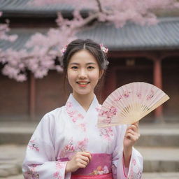 A portrait of a young Chinese girl wearing traditional Hanfu with a backdrop of an ancient Chinese courtyard. She has a joyous expression, and she is holding a traditional fan painted with cherry blossoms.