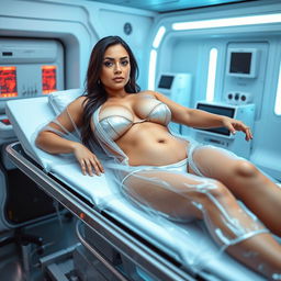 A voluptuous, light-skinned Latina woman, 48 years old, with a 40DD bust size, lying on a stretcher in a futuristic laboratory