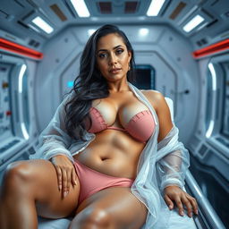 A voluptuous, light-skinned Latina woman, 48 years old, with a 40DD bust size, lying on a stretcher in a futuristic laboratory