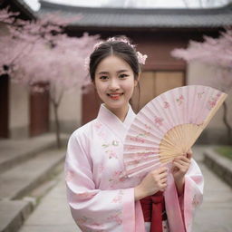 A portrait of a young Chinese girl wearing traditional Hanfu with a backdrop of an ancient Chinese courtyard. She has a joyous expression, and she is holding a traditional fan painted with cherry blossoms.