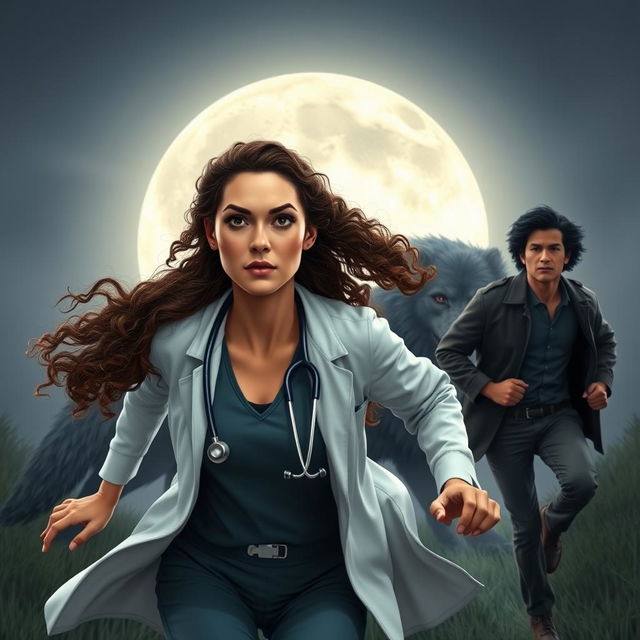 A realistic scene featuring a light-skinned female doctor with mixed Asian features, large almond-shaped eyes, busy brows, and very pink lips