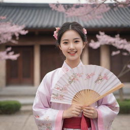 A portrait of a young Chinese girl wearing traditional Hanfu with a backdrop of an ancient Chinese courtyard. She has a joyous expression, and she is holding a traditional fan painted with cherry blossoms.