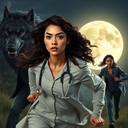 A realistic scene featuring a light-skinned female doctor with mixed Asian features, large almond-shaped eyes, busy brows, and very pink lips