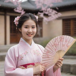 A portrait of a young Chinese girl wearing traditional Hanfu with a backdrop of an ancient Chinese courtyard. She has a joyous expression, and she is holding a traditional fan painted with cherry blossoms.