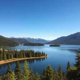 A beautiful landscape featuring a serene lake surrounded by lush green trees and mountains in the background under a clear blue sky