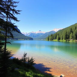 A beautiful landscape featuring a serene lake surrounded by lush green trees and mountains in the background under a clear blue sky