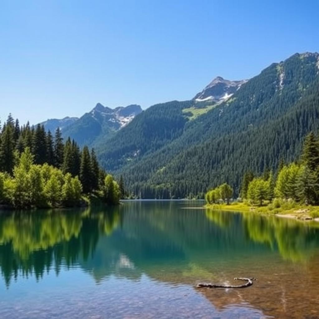 A beautiful landscape featuring a serene lake surrounded by lush green trees and mountains in the background under a clear blue sky