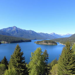 A beautiful landscape featuring a serene lake surrounded by lush green trees and mountains in the background under a clear blue sky