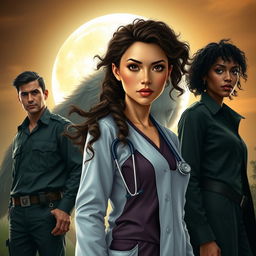 A realistic scene featuring a light-skinned female doctor with mixed Asian features, large almond-shaped eyes, busy brows, and very pink lips