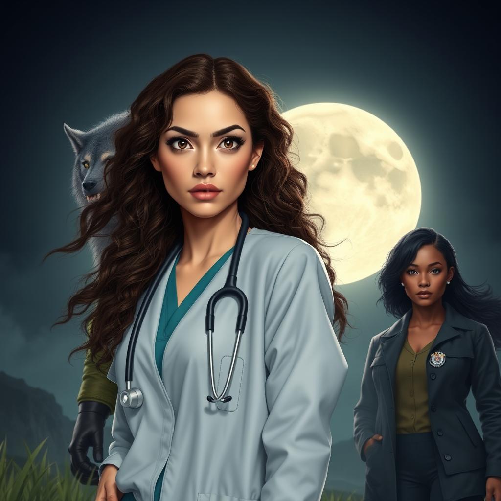 A realistic scene featuring a light-skinned female doctor with mixed Asian features, large almond-shaped eyes, busy brows, and very pink lips