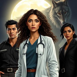 A realistic scene featuring a light-skinned female doctor with mixed Asian features, large almond-shaped eyes, busy brows, and very pink lips