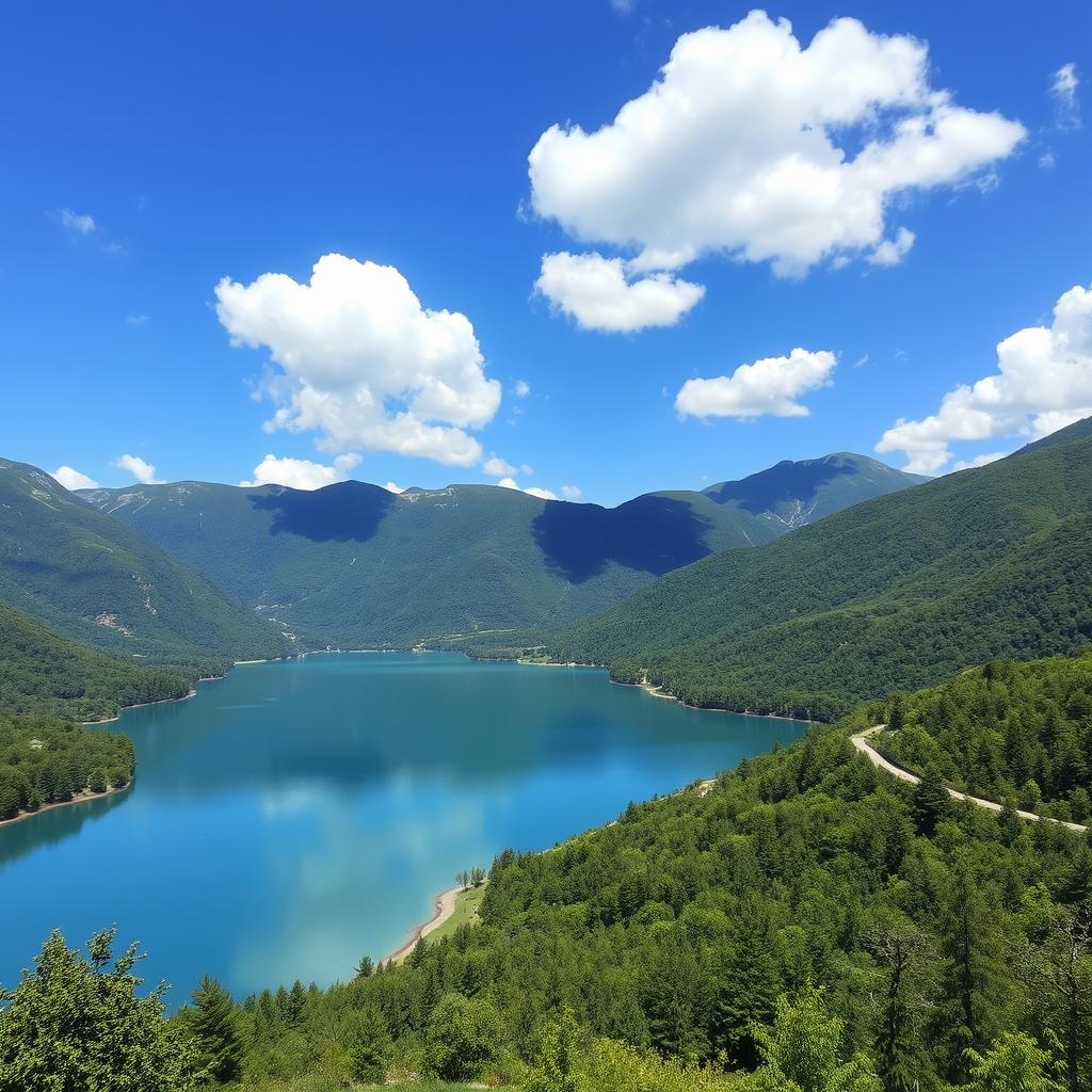 A beautiful landscape featuring a serene lake surrounded by lush green mountains, with a clear blue sky and a few fluffy white clouds