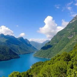 A beautiful landscape featuring a serene lake surrounded by lush green mountains, with a clear blue sky and a few fluffy white clouds