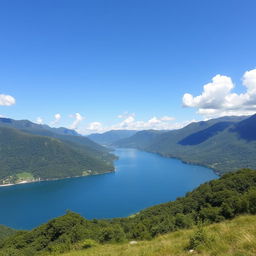 A beautiful landscape featuring a serene lake surrounded by lush green mountains, with a clear blue sky and a few fluffy white clouds