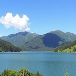 A beautiful landscape featuring a serene lake surrounded by lush green mountains, with a clear blue sky and a few fluffy white clouds