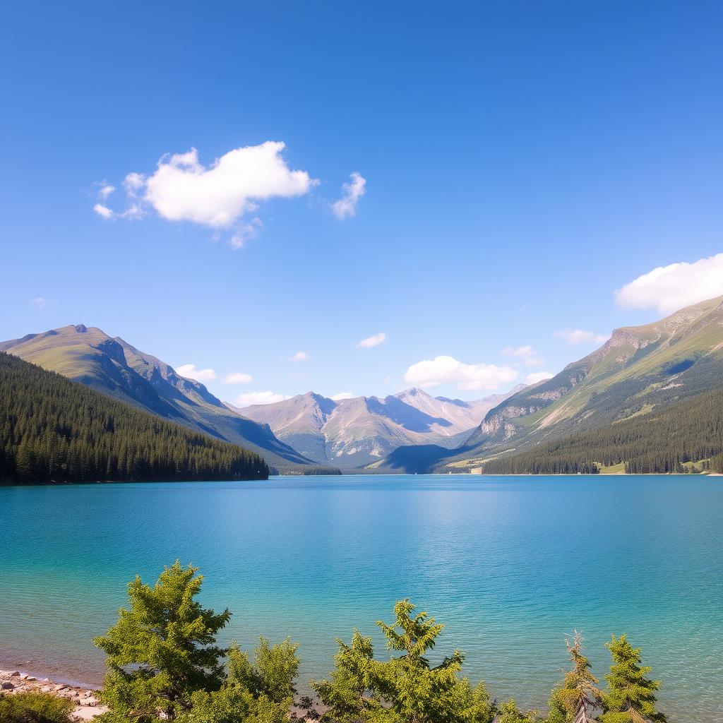 A beautiful landscape featuring a serene lake surrounded by mountains and lush greenery, with a clear blue sky and a few fluffy clouds