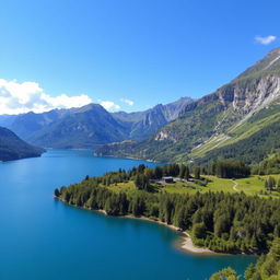 A beautiful landscape featuring a serene lake surrounded by mountains and lush greenery, with a clear blue sky and a few fluffy clouds