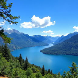 A beautiful landscape featuring a serene lake surrounded by mountains and lush greenery, with a clear blue sky and a few fluffy clouds