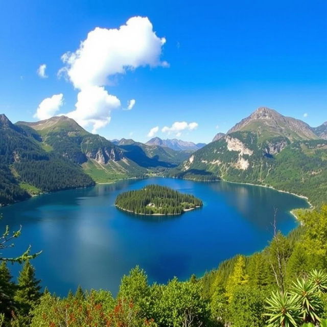 A beautiful landscape featuring a serene lake surrounded by mountains and lush greenery, with a clear blue sky and a few fluffy clouds