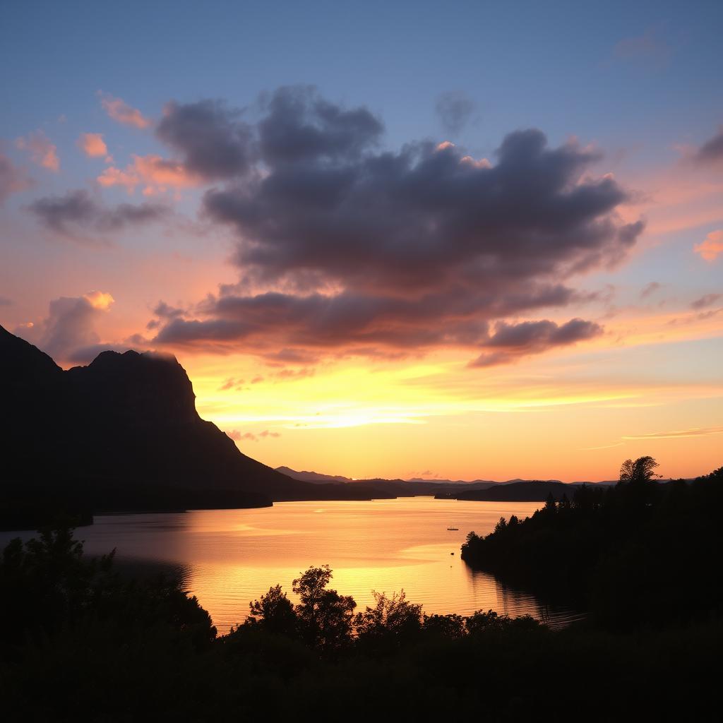 A serene landscape featuring a beautiful sunset over a calm lake, surrounded by lush greenery and tall mountains in the background