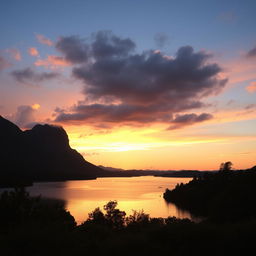 A serene landscape featuring a beautiful sunset over a calm lake, surrounded by lush greenery and tall mountains in the background