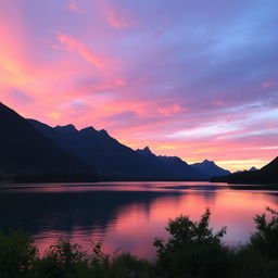 A serene landscape featuring a beautiful sunset over a calm lake, surrounded by lush greenery and tall mountains in the background