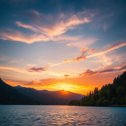 A serene landscape featuring a beautiful sunset over a calm lake, surrounded by lush greenery and tall mountains in the background