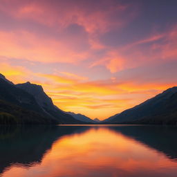 A serene landscape featuring a beautiful sunset over a calm lake, surrounded by lush greenery and tall mountains in the background