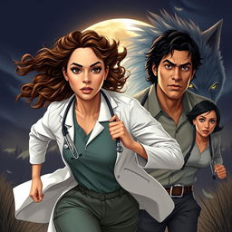 A realistic scene featuring a light-skinned female doctor with mixed Asian features, large almond-shaped eyes, busy brows, and very pink lips