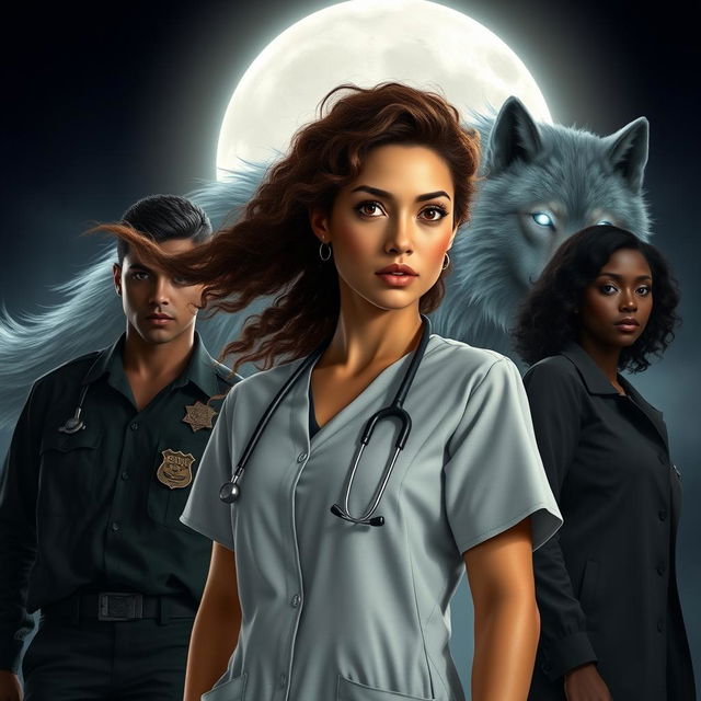 A realistic scene featuring a light-skinned female doctor with mixed Asian features, large almond-shaped eyes, busy brows, and very pink lips