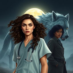 A realistic scene featuring a light-skinned female doctor with mixed Asian features, large almond-shaped eyes, busy brows, and very pink lips