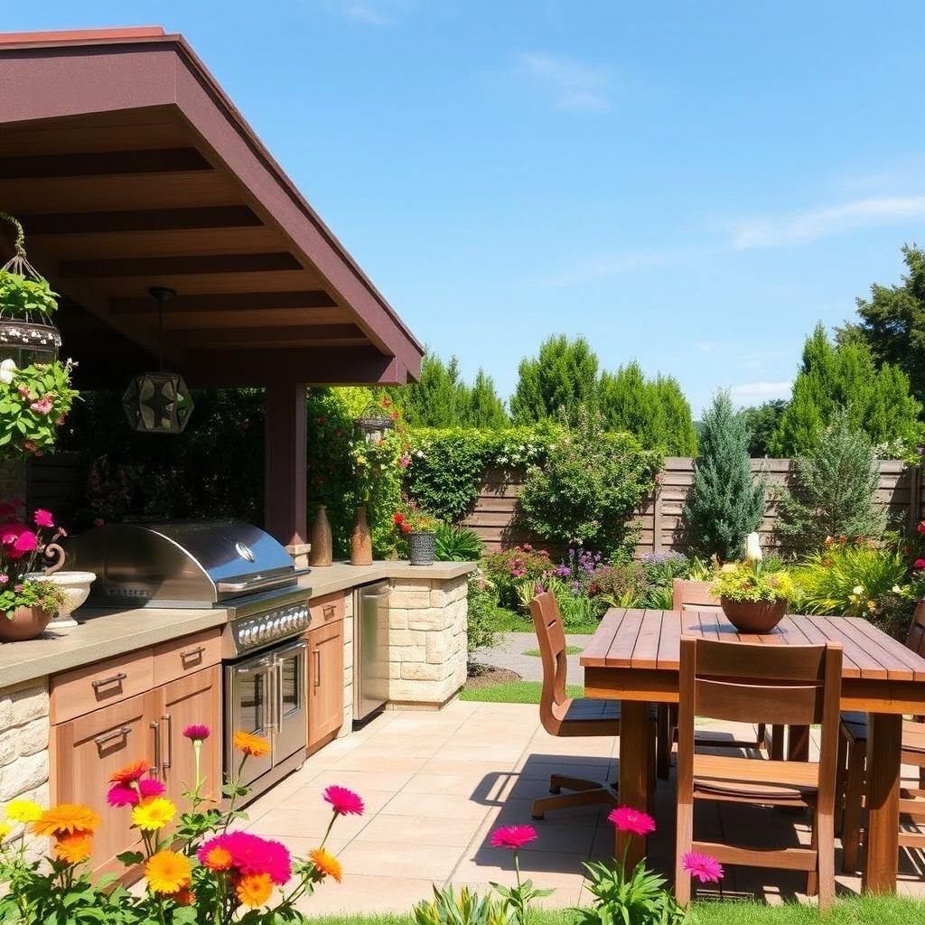 A beautiful outdoor kitchen setup with modern appliances, a spacious countertop, and a cozy dining area