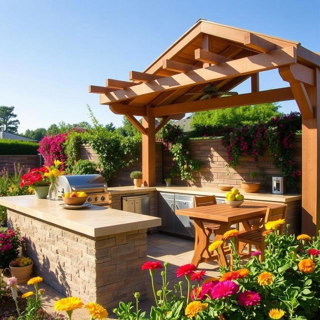 A beautiful outdoor kitchen setup with modern appliances, a spacious countertop, and a cozy dining area