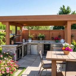 A beautiful outdoor kitchen setup with modern appliances, a spacious countertop, and a cozy dining area