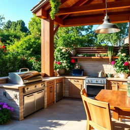 A beautiful outdoor kitchen setup with modern appliances, a spacious countertop, and a cozy dining area