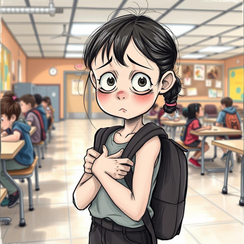 A detailed drawing of a skinny 12-year-old girl clutching her backpack straps, looking scared