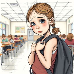 A detailed drawing of a skinny 12-year-old girl clutching her backpack straps, looking scared