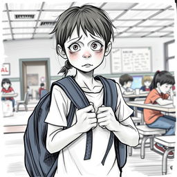 A detailed drawing of a skinny 12-year-old girl clutching her backpack straps, looking scared