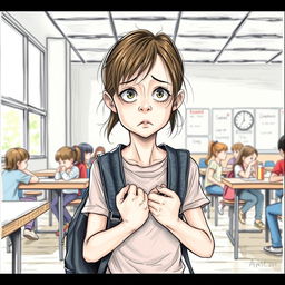 A detailed drawing of a skinny 12-year-old girl clutching her backpack straps, looking scared