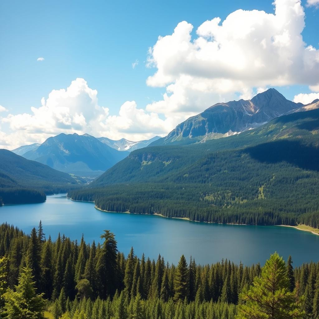 A beautiful landscape featuring a serene lake surrounded by lush green forests and majestic mountains in the background under a clear blue sky with fluffy white clouds